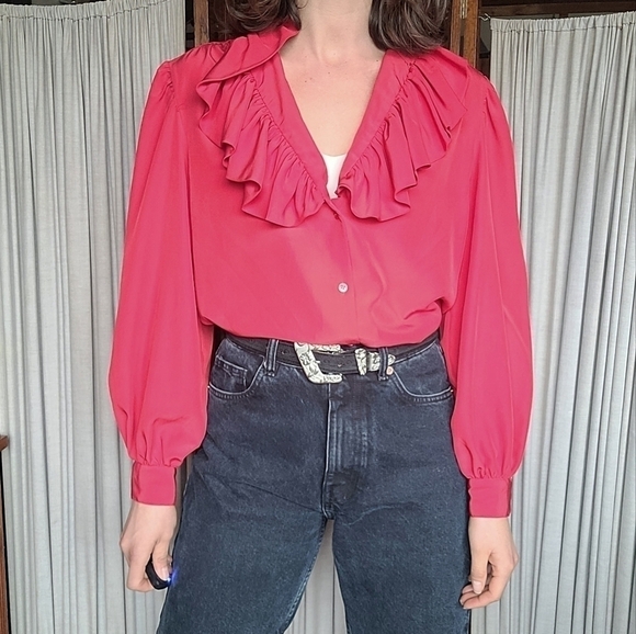 Beautiful Red 80's Ruffle Collar Blouse Size Vintage 10 - Picture 4 of 8